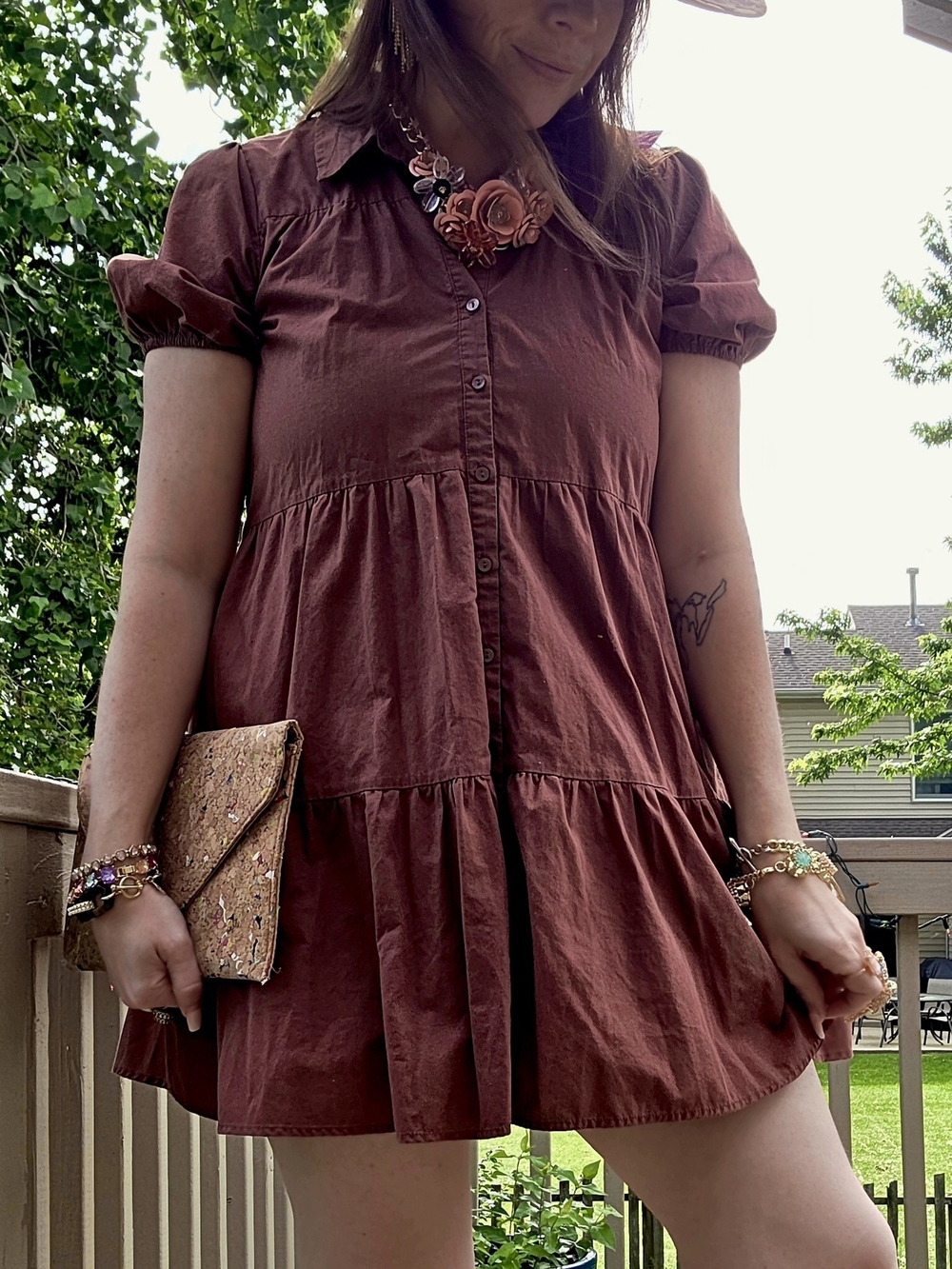 Abercrombie & Fitch Tiered Button-Front Short Sleeve Top Dress - Brown